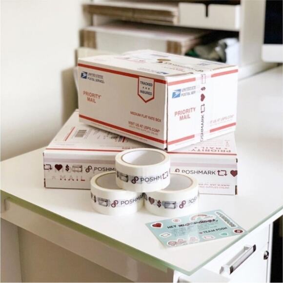 1 NEW POSHMARK Posh Fixings Gloss White Burgundy Logo Packing Tape Single Roll - Picture 1 of 6